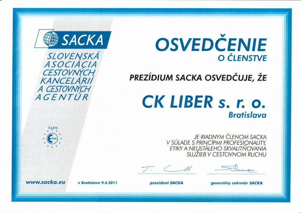SACKA - certifikát